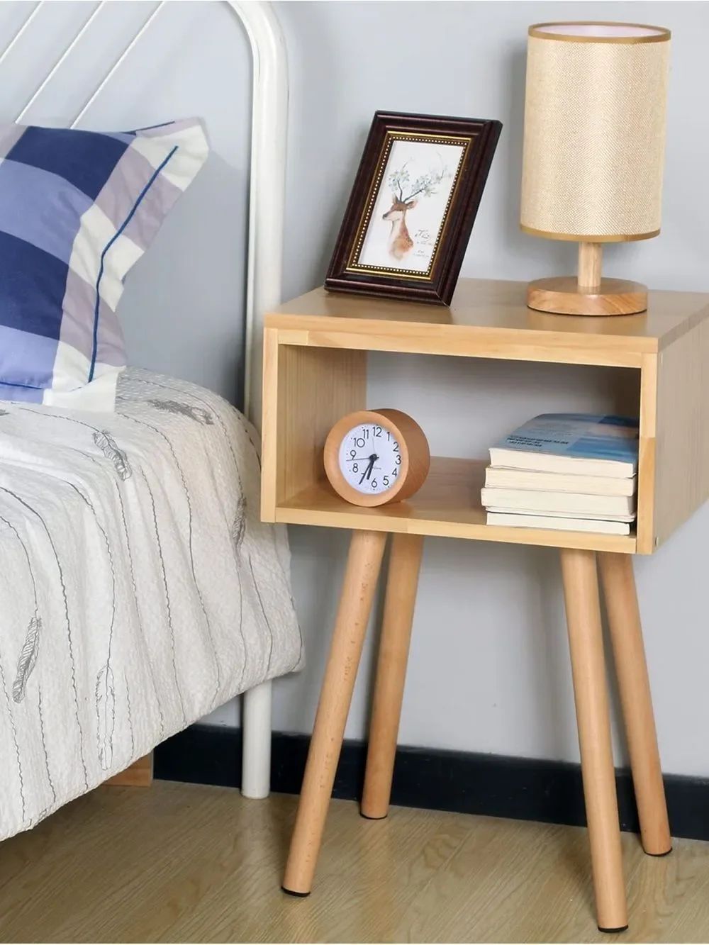 Mid Century Modern Minimalist Light Wood Side Table with Open Shelf